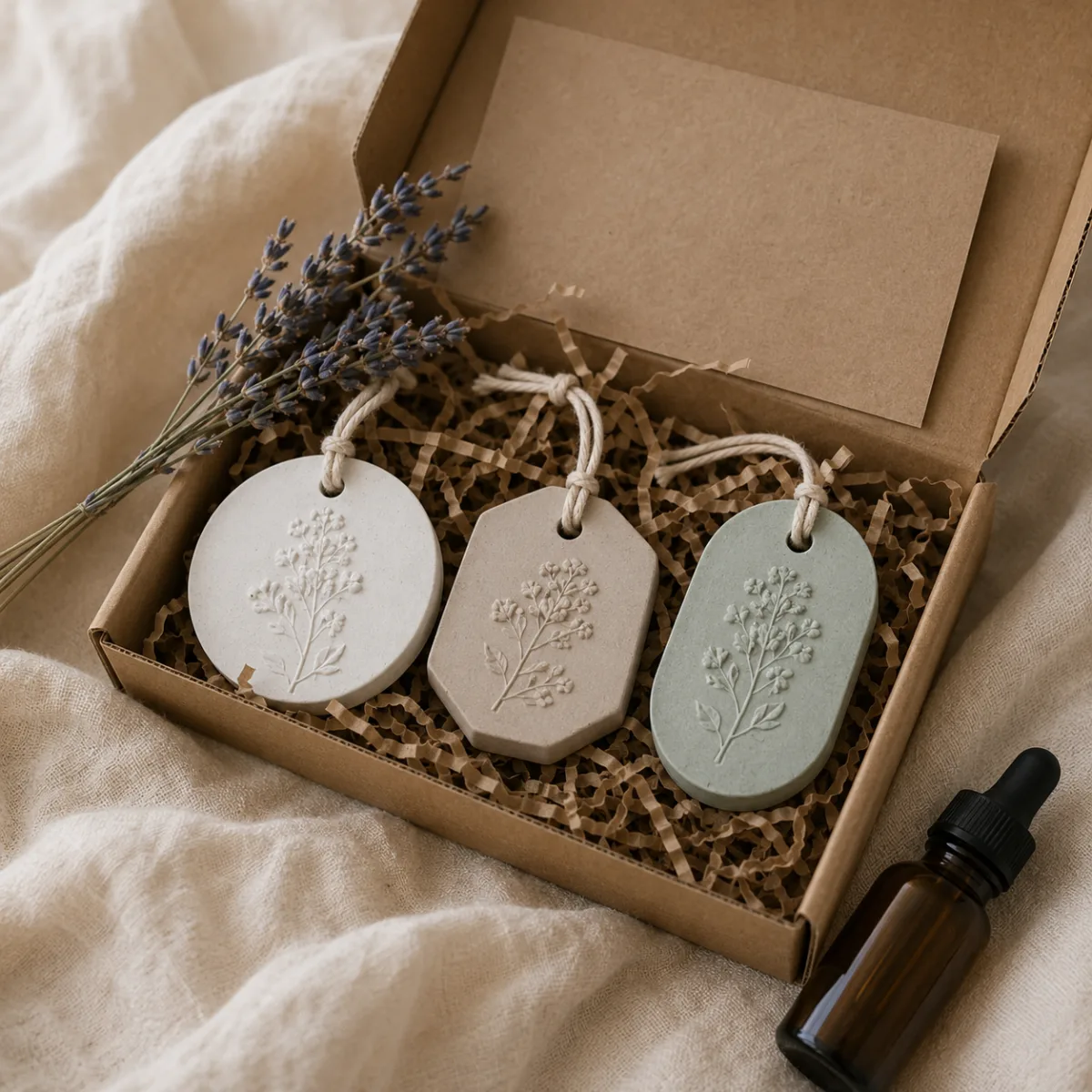 Coffret cadeau de pierres parfumées dans une boîte kraft